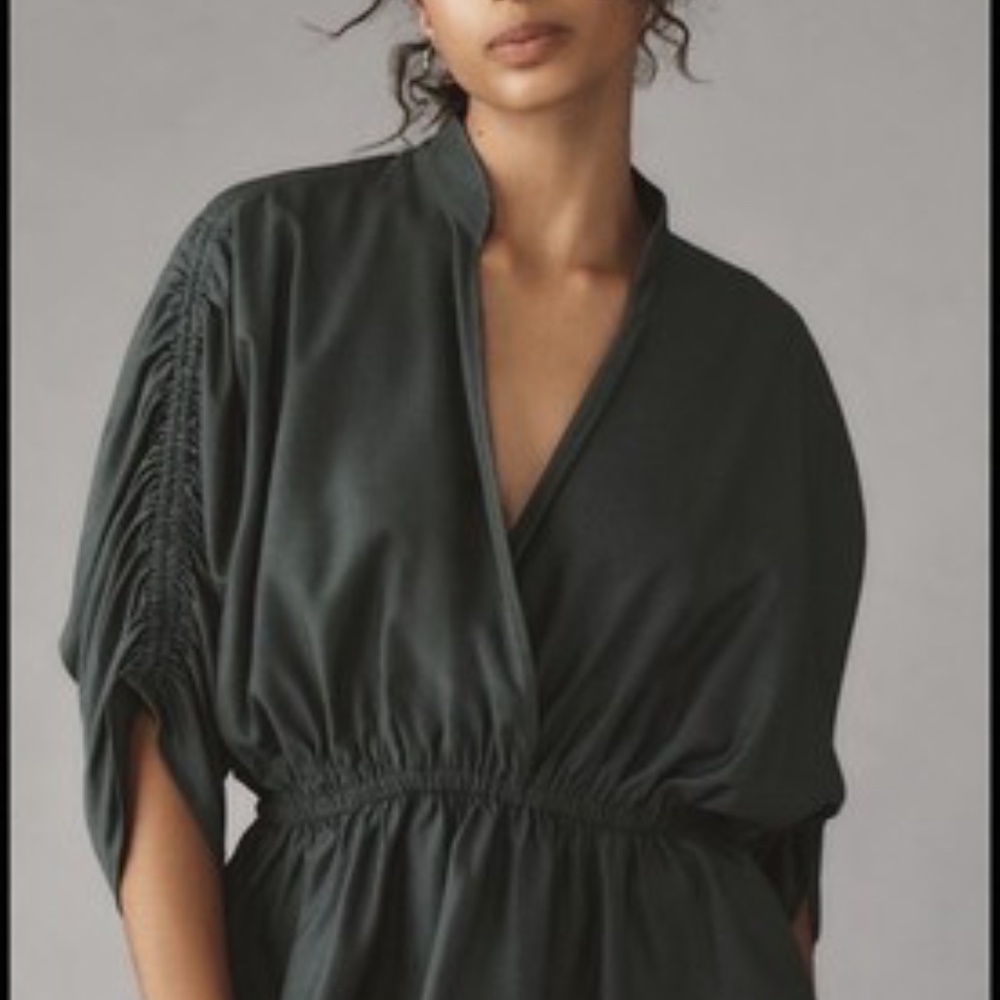 Anthropologie Deep Green Blouse with Gathered Sleeves - Size M